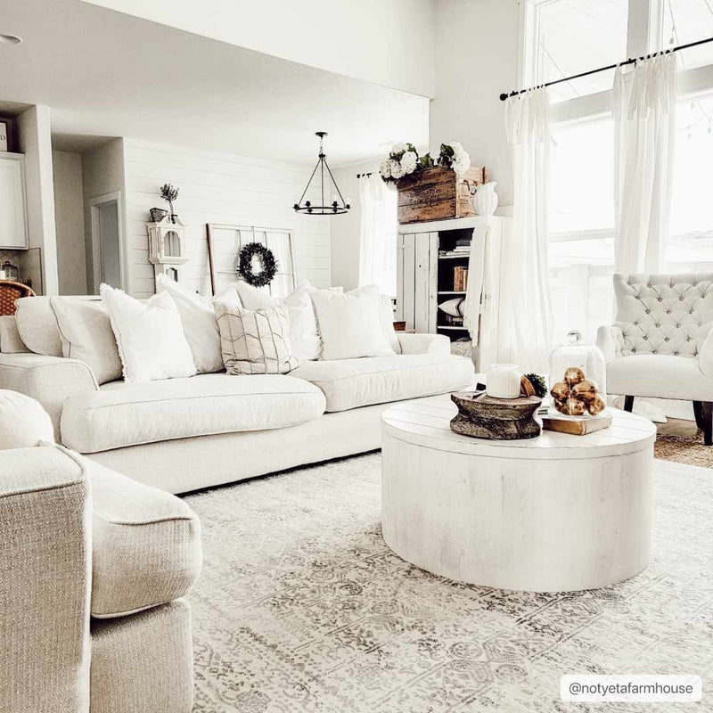 Hauteloom Michie area rug with a farmhouse-inspired design, featuring neutral tones and textured woven pattern.