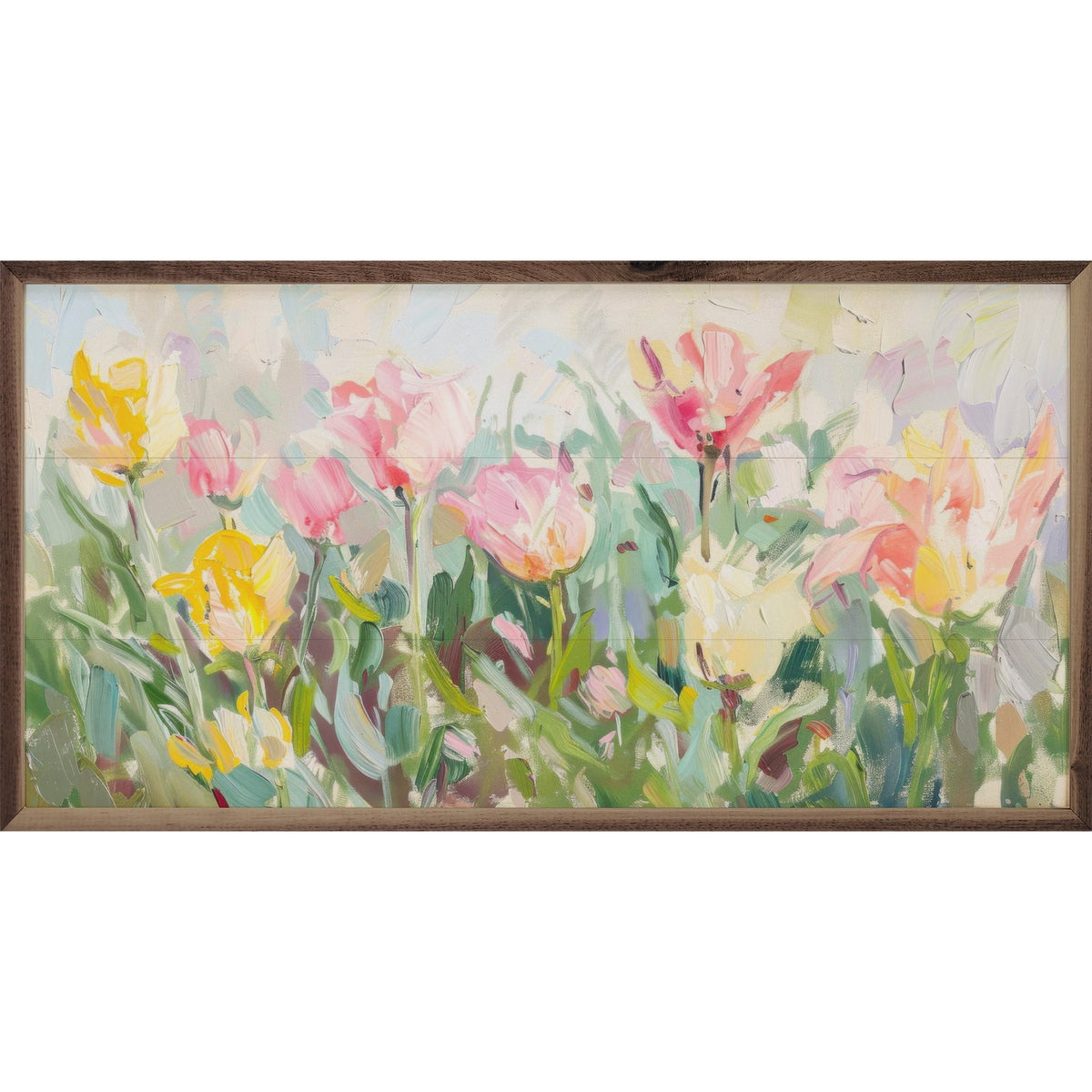 Walnut frame with pastel spring tulip artwork by Design Studio, perfect for home decor in a 40x20 inch size.