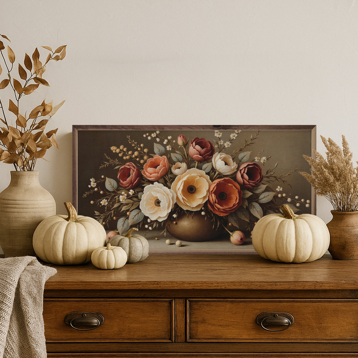 Large autumn bouquet with warm-colored flowers in walnut frame by Kendrick Home, 40x20 size, perfect for seasonal decor.