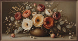 Large autumn bouquet arranged in walnut frame by Kendrick Home, featuring fall leaves and seasonal flowers.
