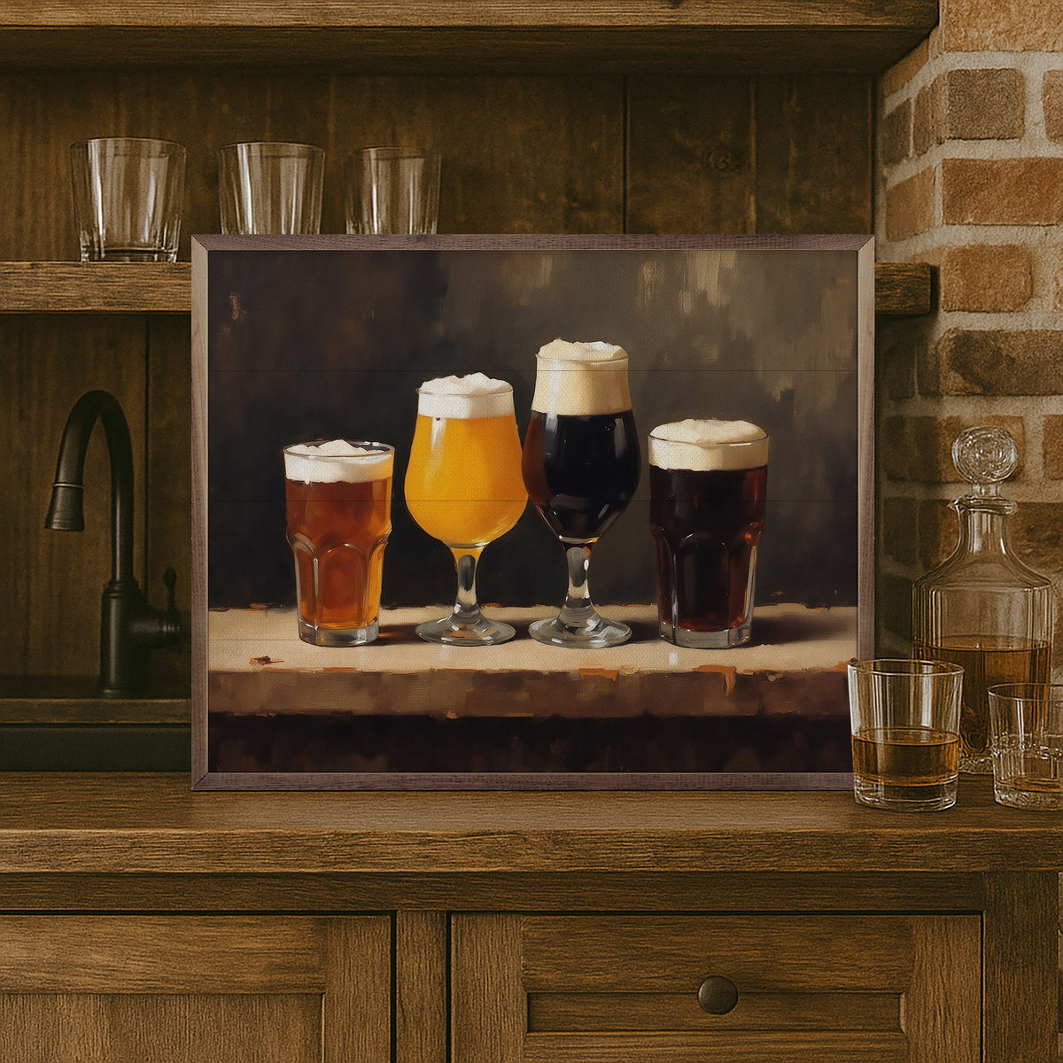 Walnut frame featuring craft beer labels, displayed in a 40x32-inch Kendrick Home wall art piece with multiple beer designs.