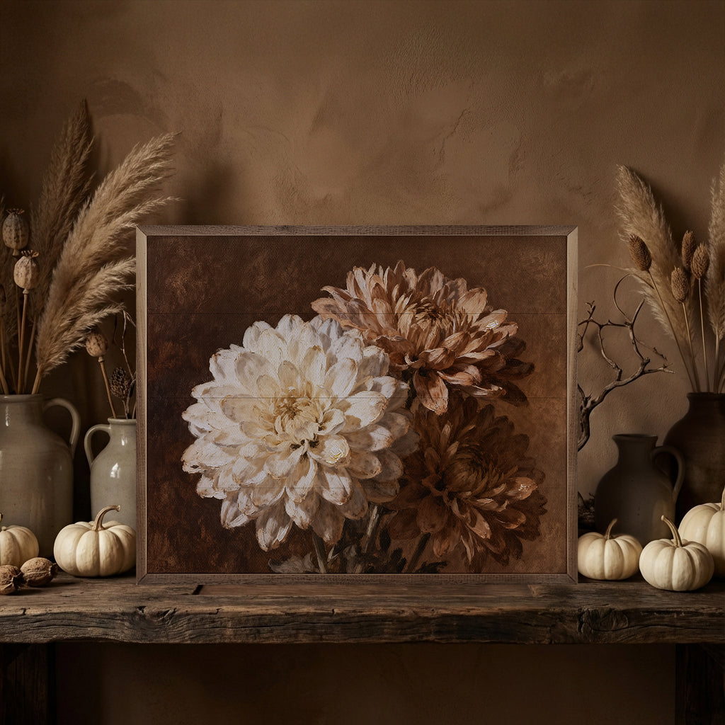 Walnut frame featuring a Three Mums bouquet arrangement, designed by Kendrick Home, displayed in a stylish wooden display.