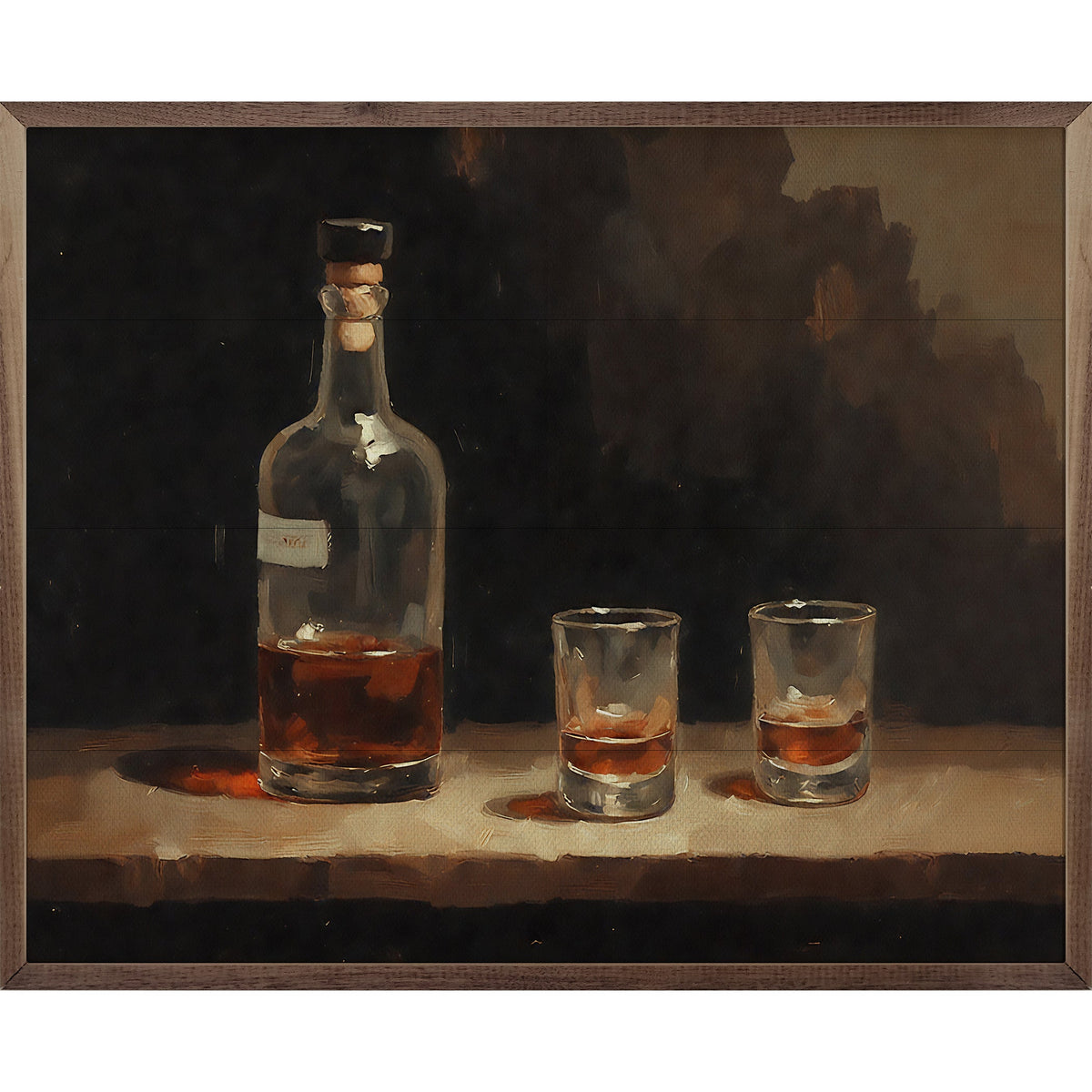 Set of whiskey shot glasses displayed in walnut frames by Kendrick Home, perfect for stylish drink presentation and decor.