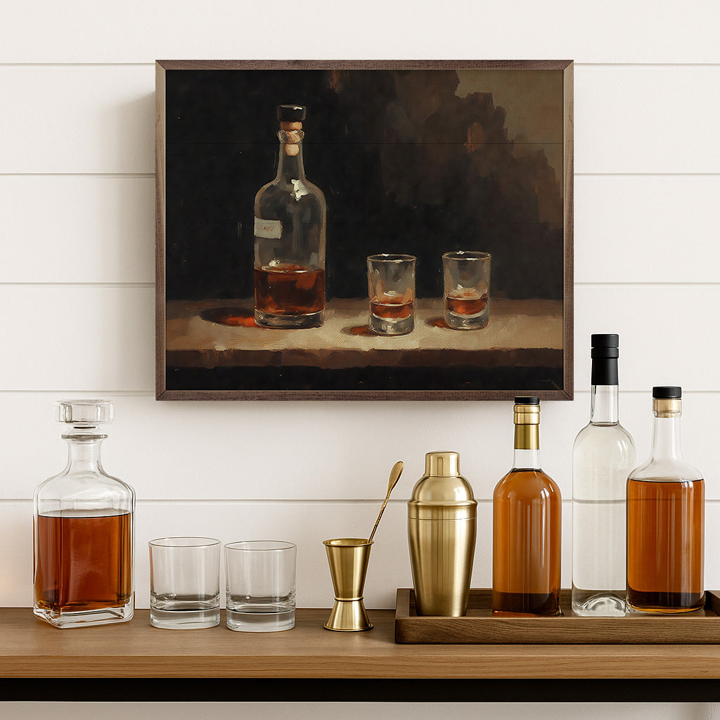 Walnut frame for whiskey shots display by Kendrick Home, 40x32 inches, showcasing a stylish and sturdy wooden liquor holder.