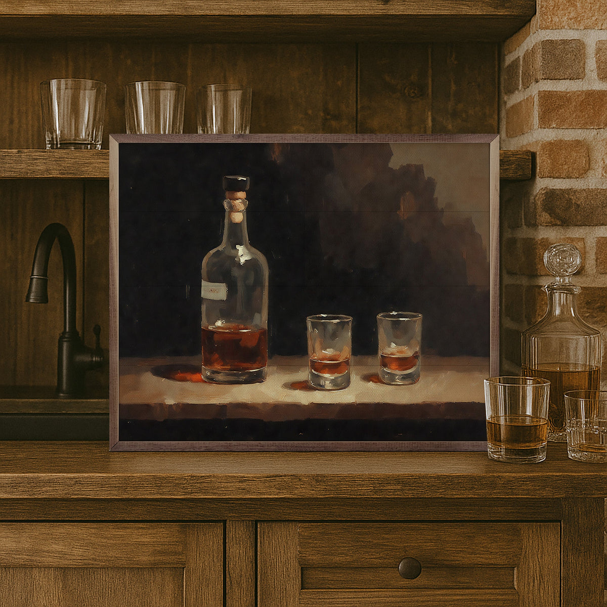 Set of whiskey shot glasses with walnut Kendrick Home frames, displayed on a wooden surface.
