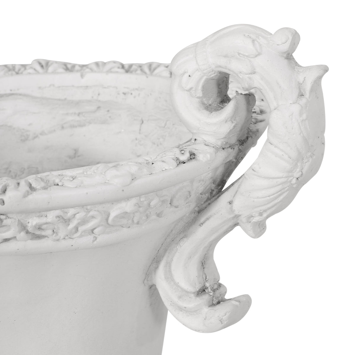 Antique white Roman style MGO garden planter with drainage hole, decorative outdoor planter for flowers and greenery.