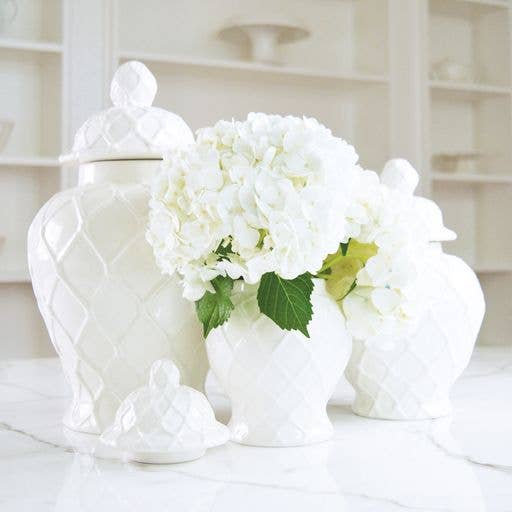 White textured ginger jar from Shop Holly J Home in three sizes, featuring a classic design with detailed surface texture.