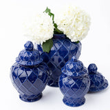 Three navy textured ginger jars in varying sizes, decorative ceramic containers with embossed patterns by Shop Holly J Home