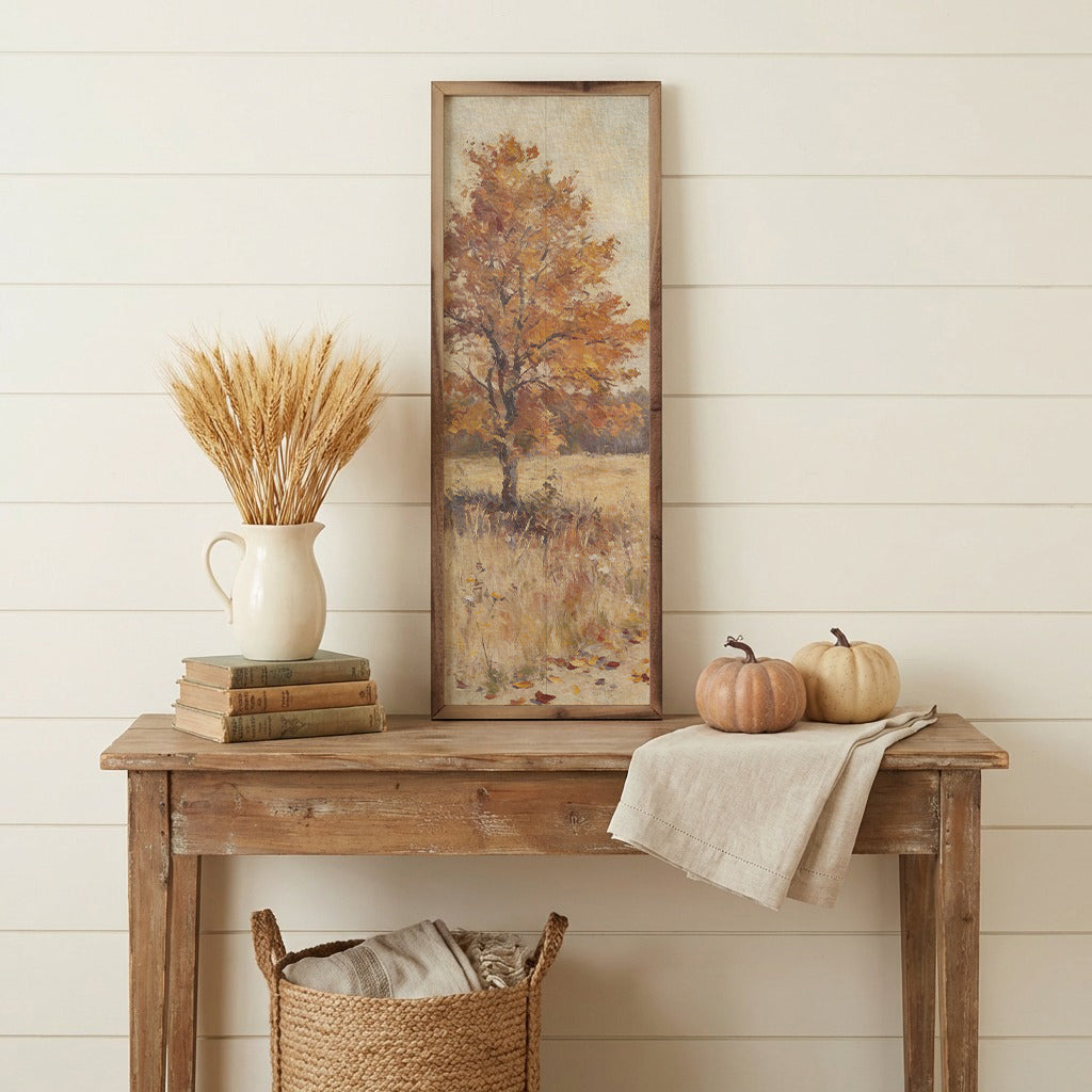 Walnut framed artwork titled October Field Tree by Kendrick Home, featuring a scenic autumn landscape in warm tones.