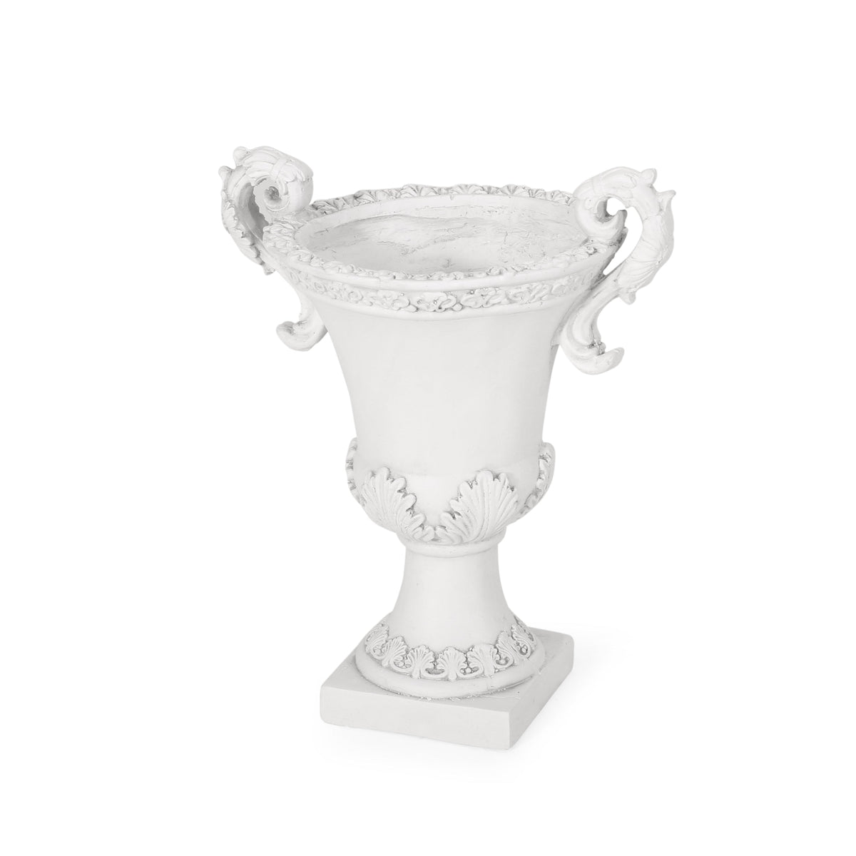 Roman style MGO garden urn planter with drainage hole in antique white, suitable for outdoor garden or patio decor.