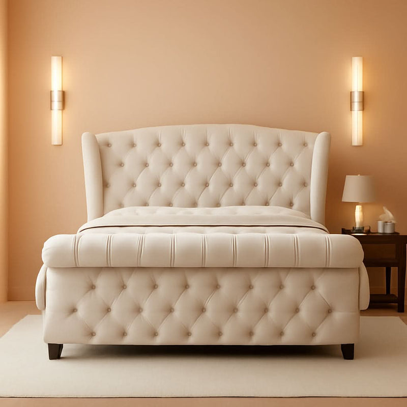 King Size Platform Bed Frame, Chenille Upholstered Sleigh Bed with Scroll Wingback Headboard & Footboard/Button Tufted/No Box Spring Required/Cream-0
