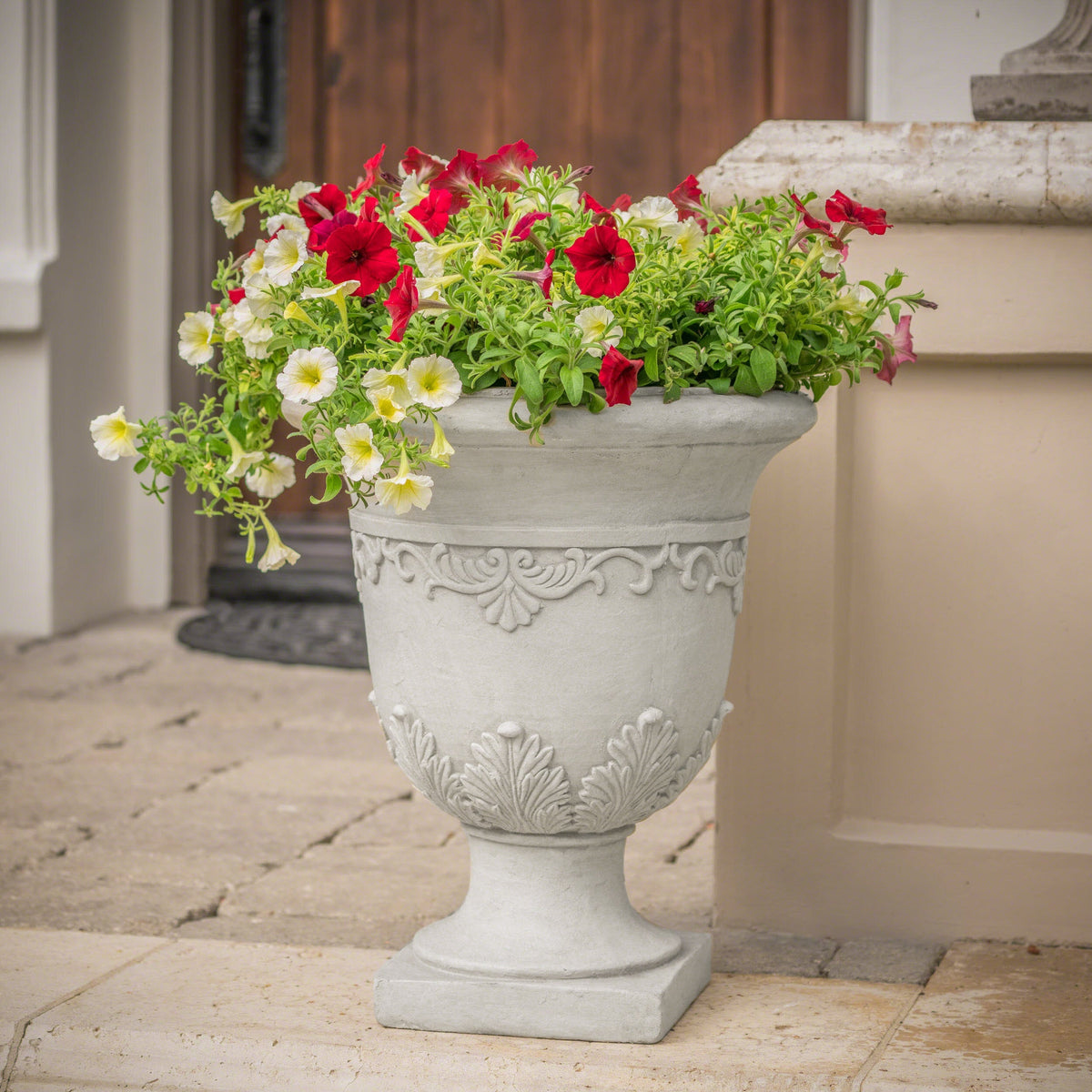 Antique white Moroccan urn planter made of durable magnesium oxide, decorative outdoor or indoor garden decor.