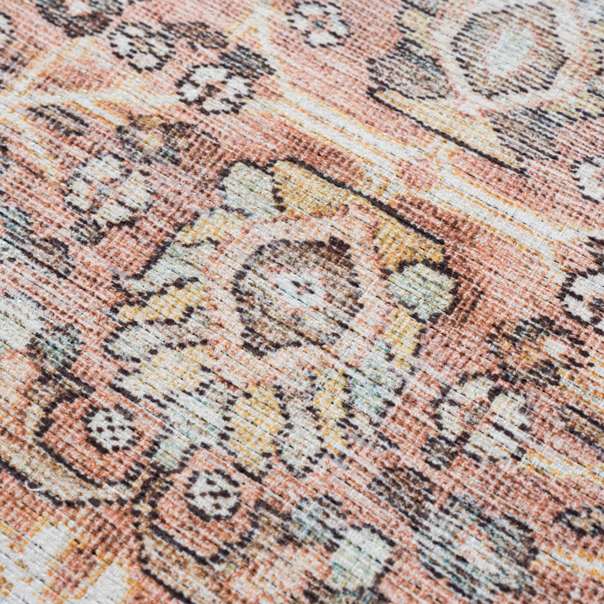 Hauteloom Urpi Rose and Brown washable area rug with floral pattern, soft texture, and vibrant colors for living room decor.