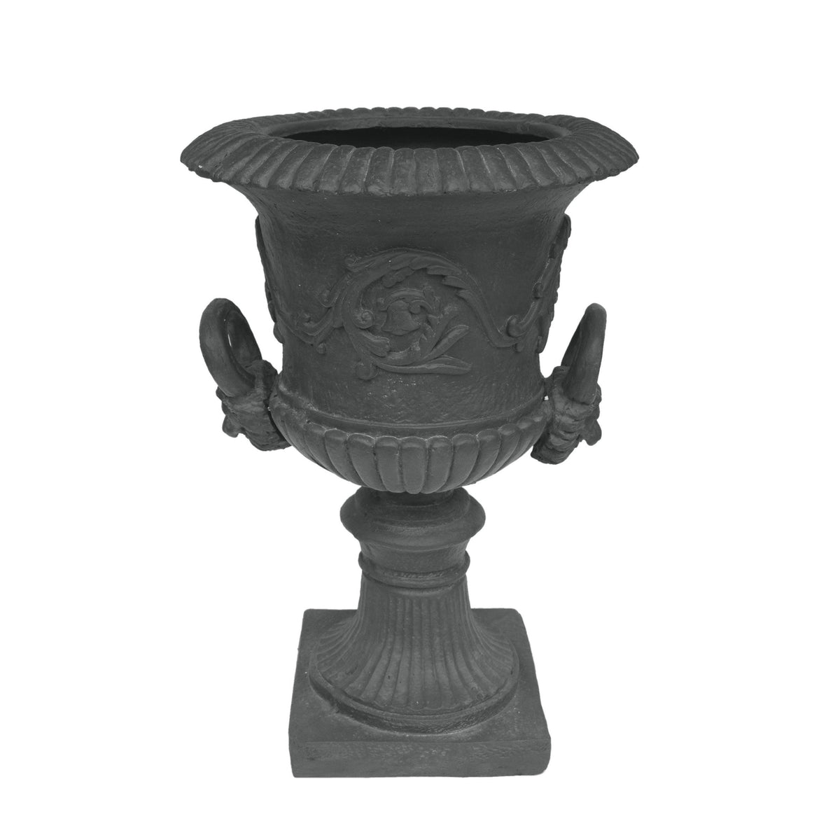 Black Classic Roman MGO garden urn planter made of durable magnesium oxide, featuring intricate Roman design and sturdy construction.