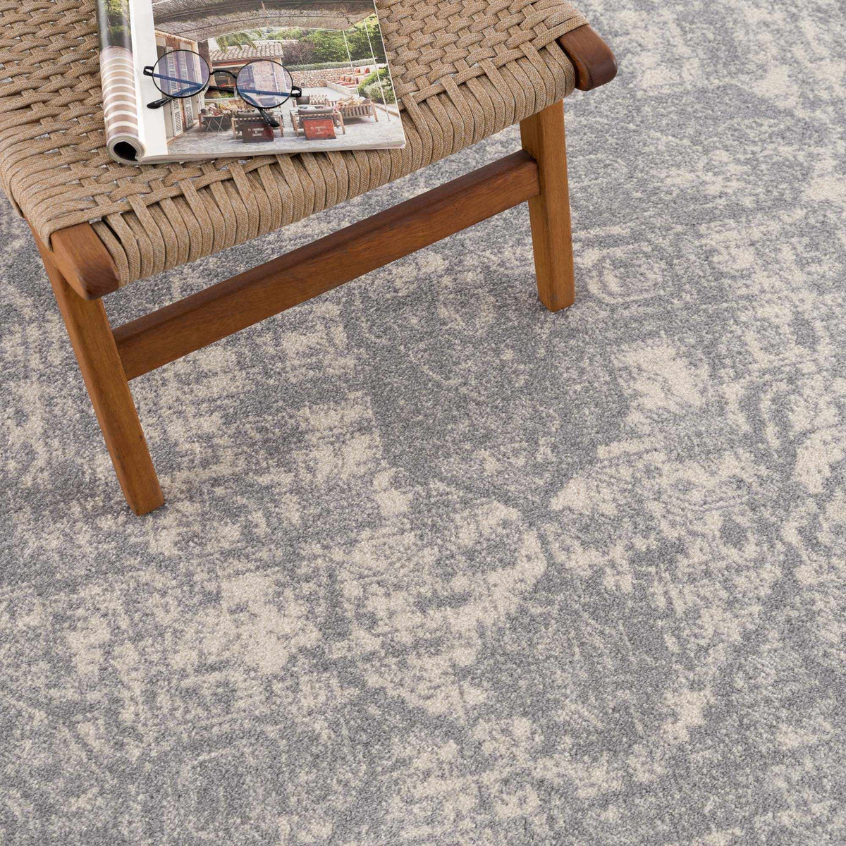 Hauteloom Peeta Gray Medallion Area Rug with intricate patterns, showcasing a stylish and cozy design for living spaces.