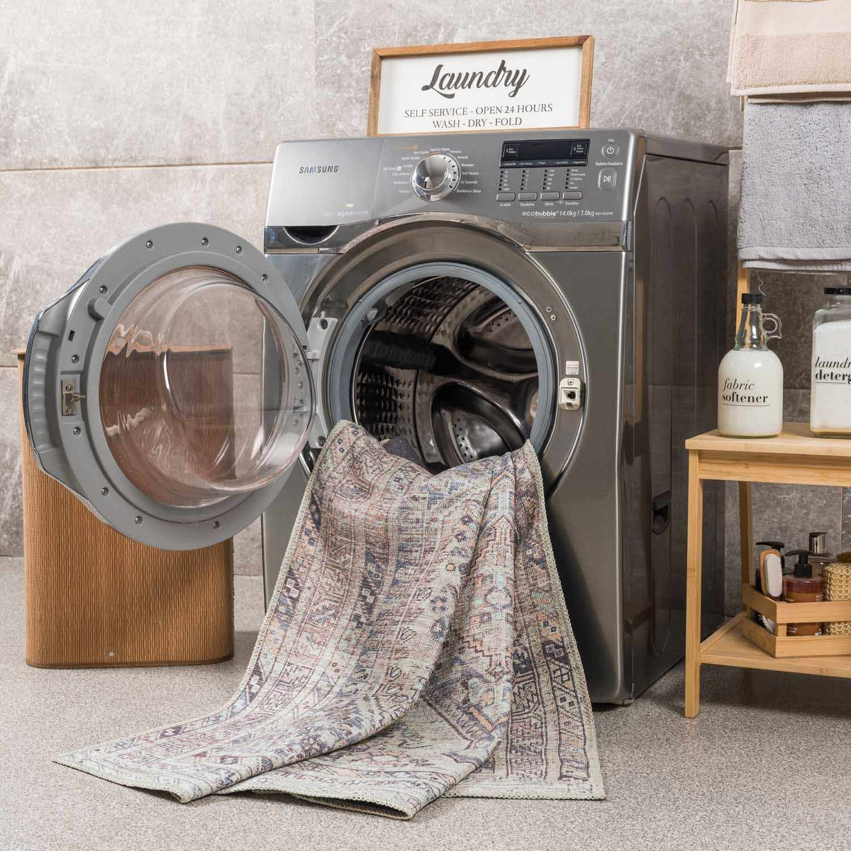 Barny Tan washable area rug by Boutique Rugs displayed in a living room scene with furniture and decor.