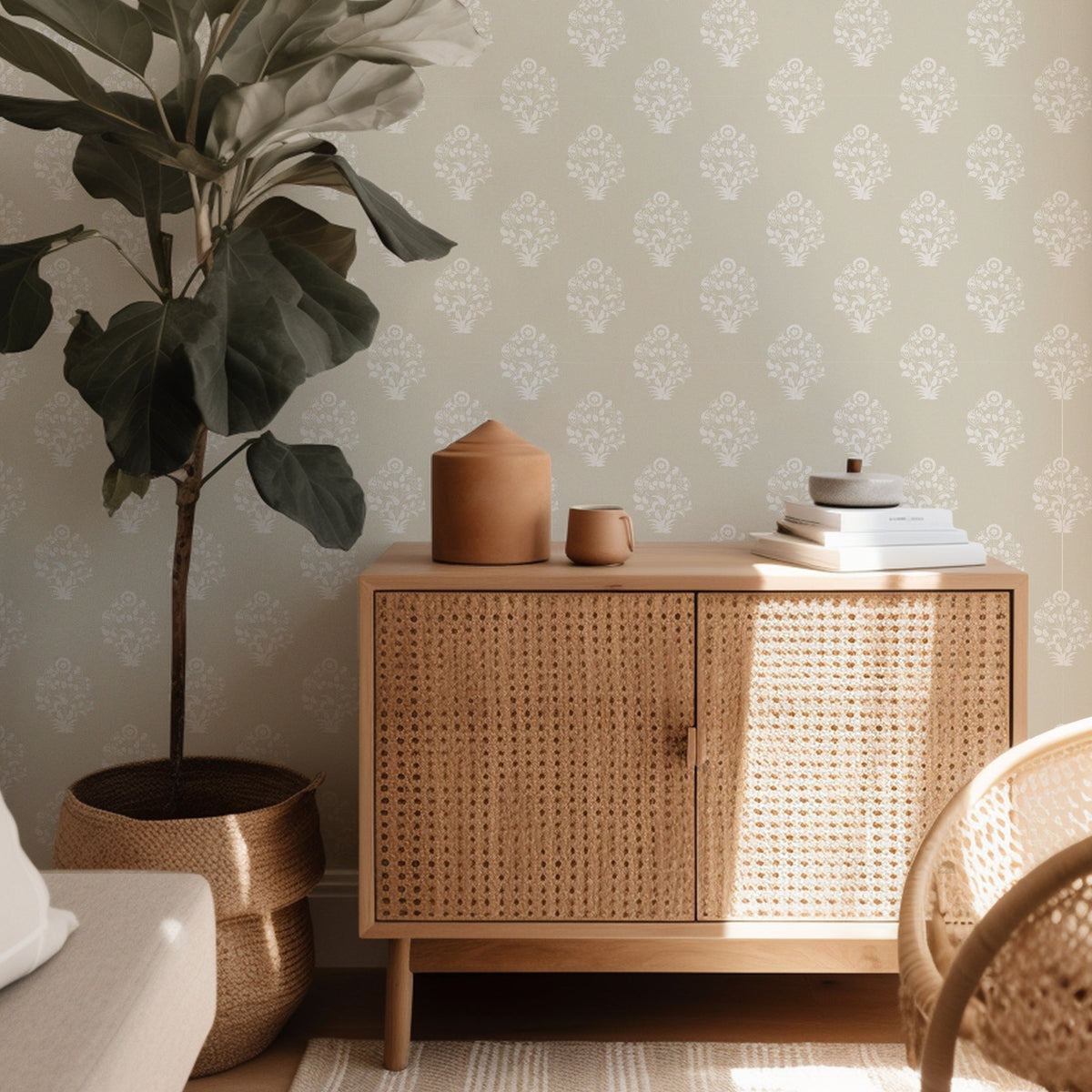 Cream Afton Block Print wallpaper by North and Finch featuring a detailed, elegant block print design on a neutral background.