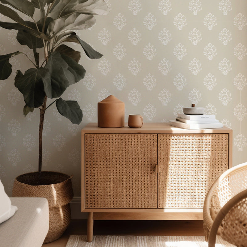 Cream Afton Block Print wallpaper by North and Finch featuring a detailed, elegant block print design on a neutral background.