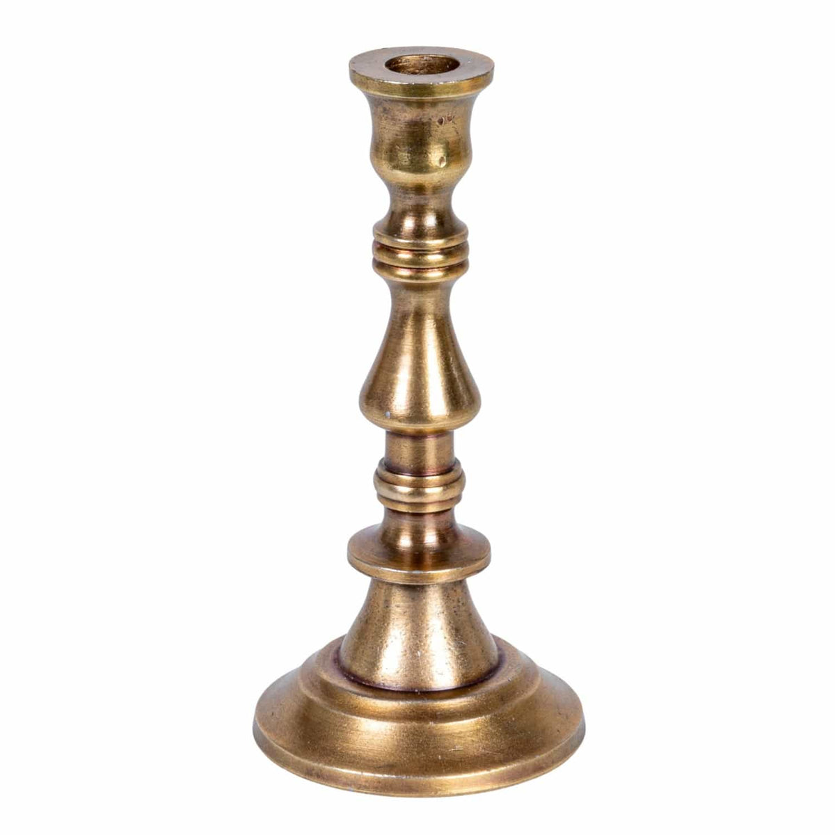 Antique brass taper candle holder made of cast aluminum for 1/2-inch candles, available in three sizes, vintage-style decor.