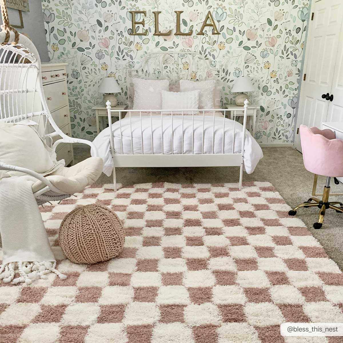 Pink checkered shag rug by Boutique Rugs, 8x10 size, with soft, plush texture and bold pattern for cozy, stylish home decor.