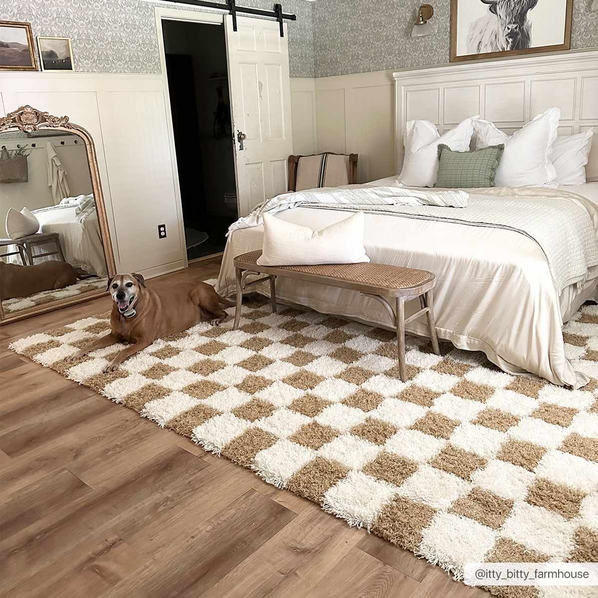 Mustard checkered area rug by Boutique Rugs, featuring a cozy farmhouse style with a soft, woven texture.