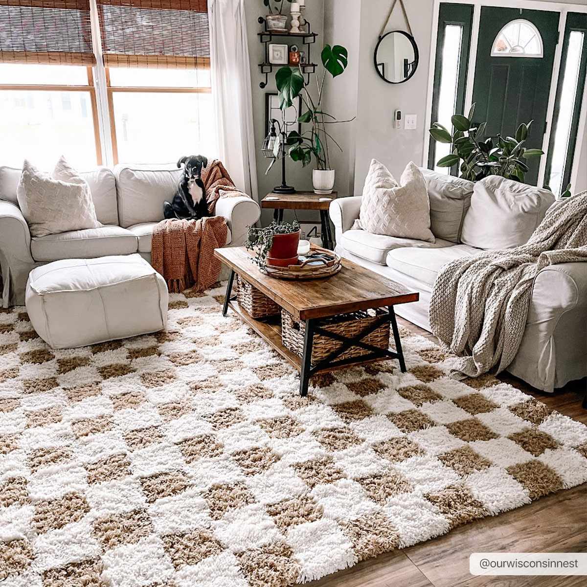 Mustard checkered area rug by Boutique Rugs, 7x10 feet, with a vibrant geometric pattern and soft woven texture.