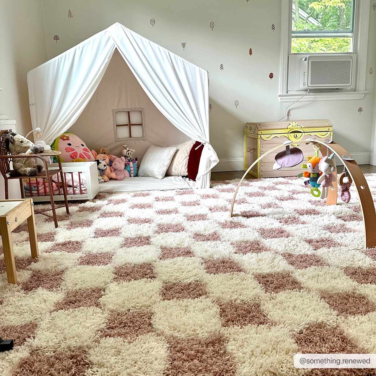 Pink checkered shag rug from Boutique Rugs, featuring soft, plush fibers and a vibrant, cozy design for living spaces.