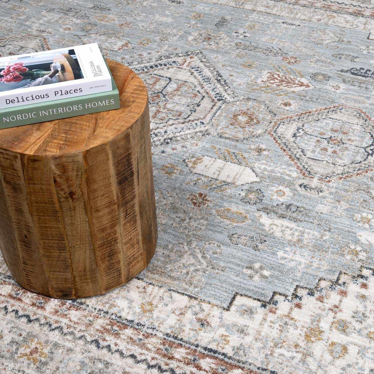 Gray and blue Kouta area rug by Boutique Rugs, featuring a stylish, modern design with intricate patterns on a soft textile surface.