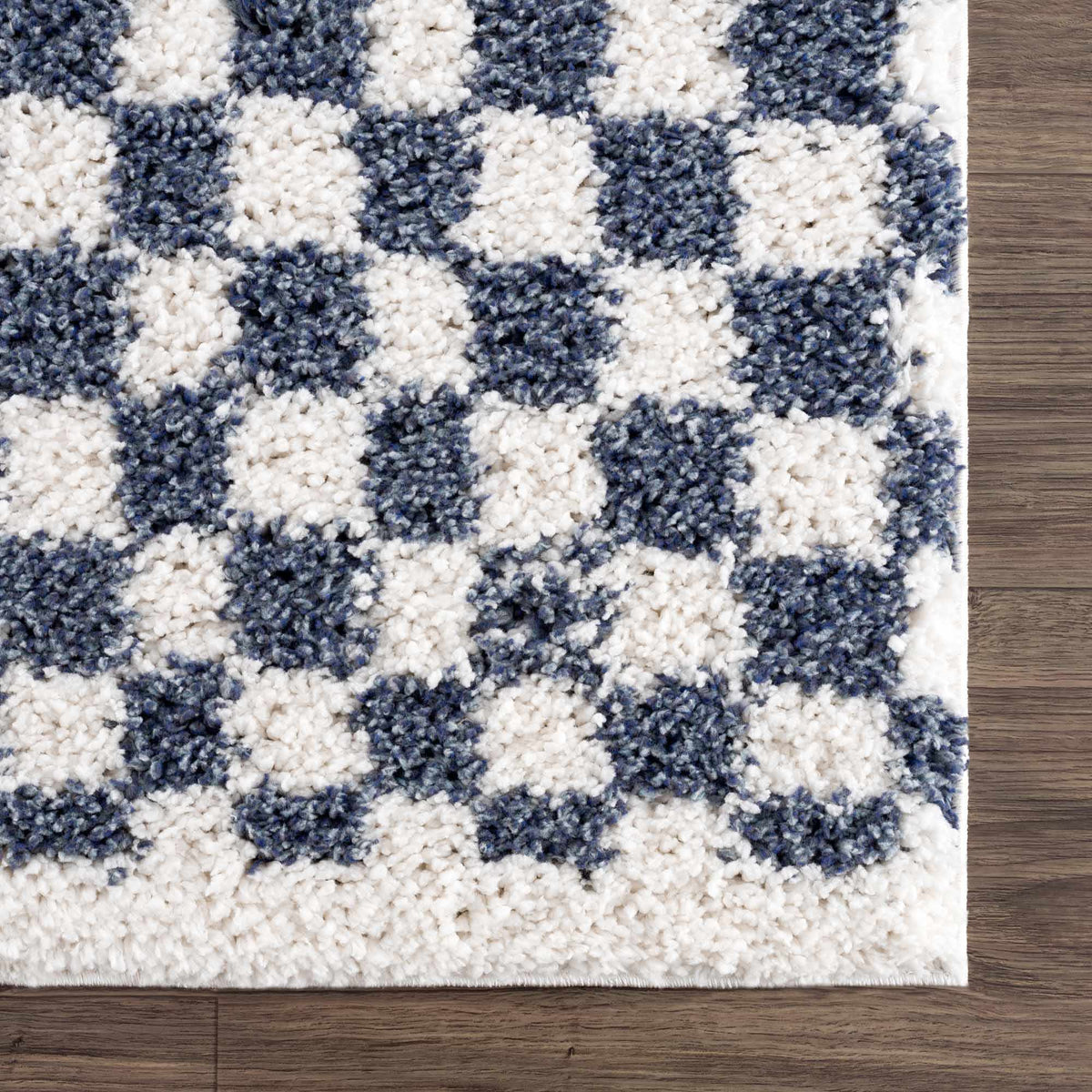 Corner view of a Kieu Blue and White Checkered Area Rug by Boutique Rugs, showcasing its patterned design and textured surface.