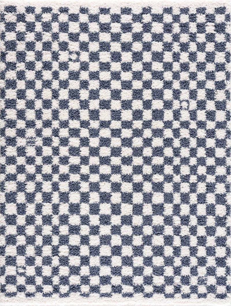 Blue and white checkered area rug from Boutique Rugs with a classic geometric pattern, ideal for living or dining rooms.