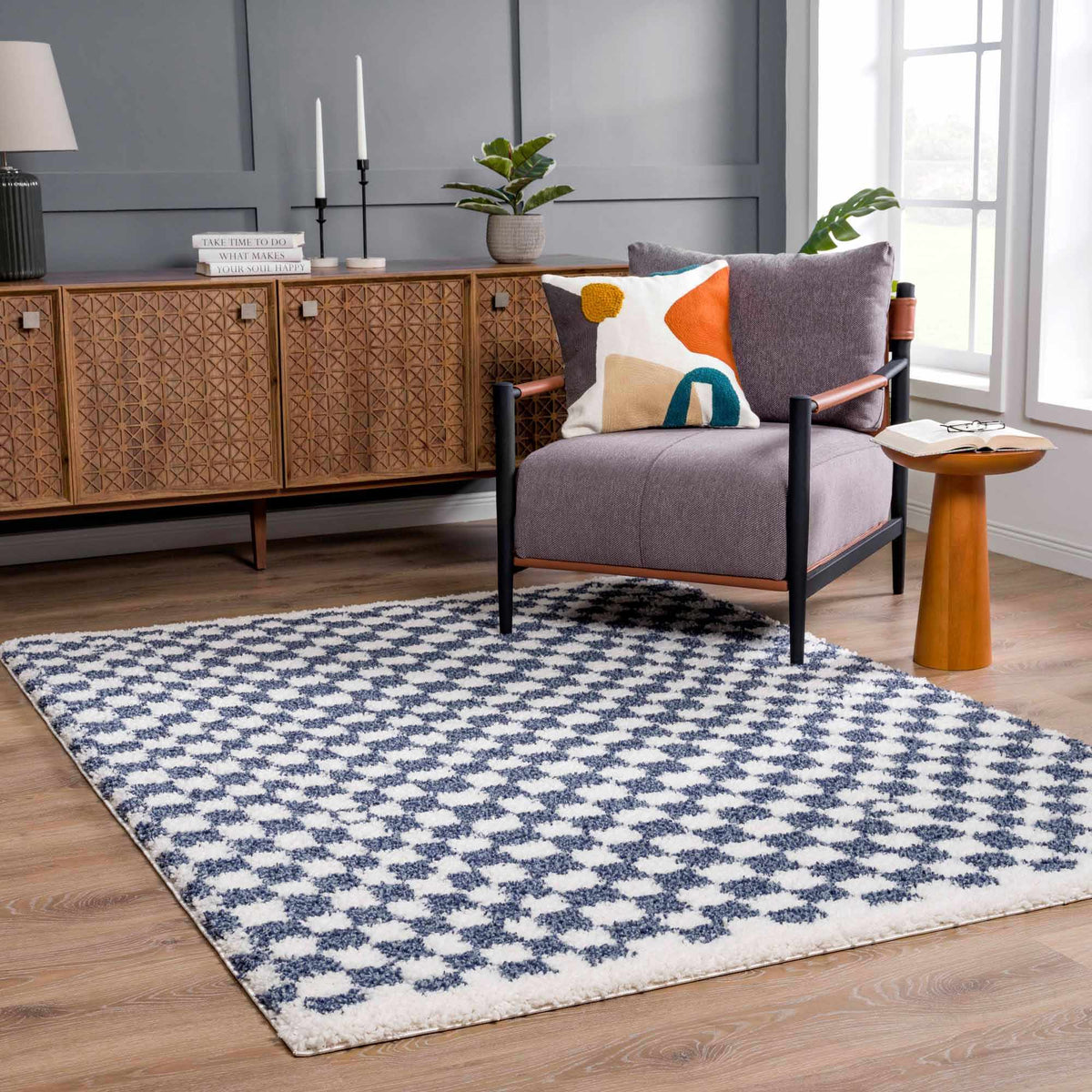 Blue and white checkered Boutique Rugs area rug in a room setting, showcasing its geometric pattern and soft texture.