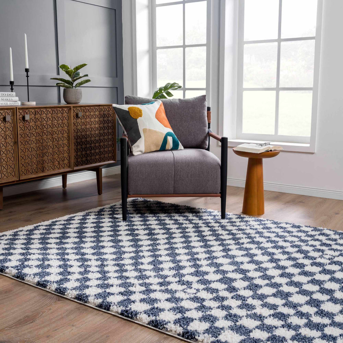 Blue and white checkered area rug by Boutique Rugs, showcasing a cozy room scene with the patterned rug on the floor.