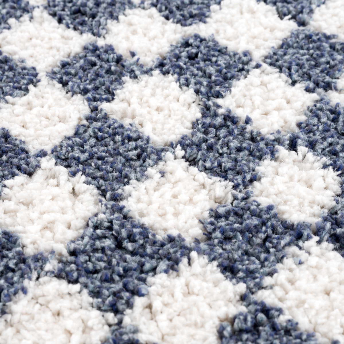 Blue and white checkered Boutique Rugs area rug with textured fabric, shown in a studio setting.
