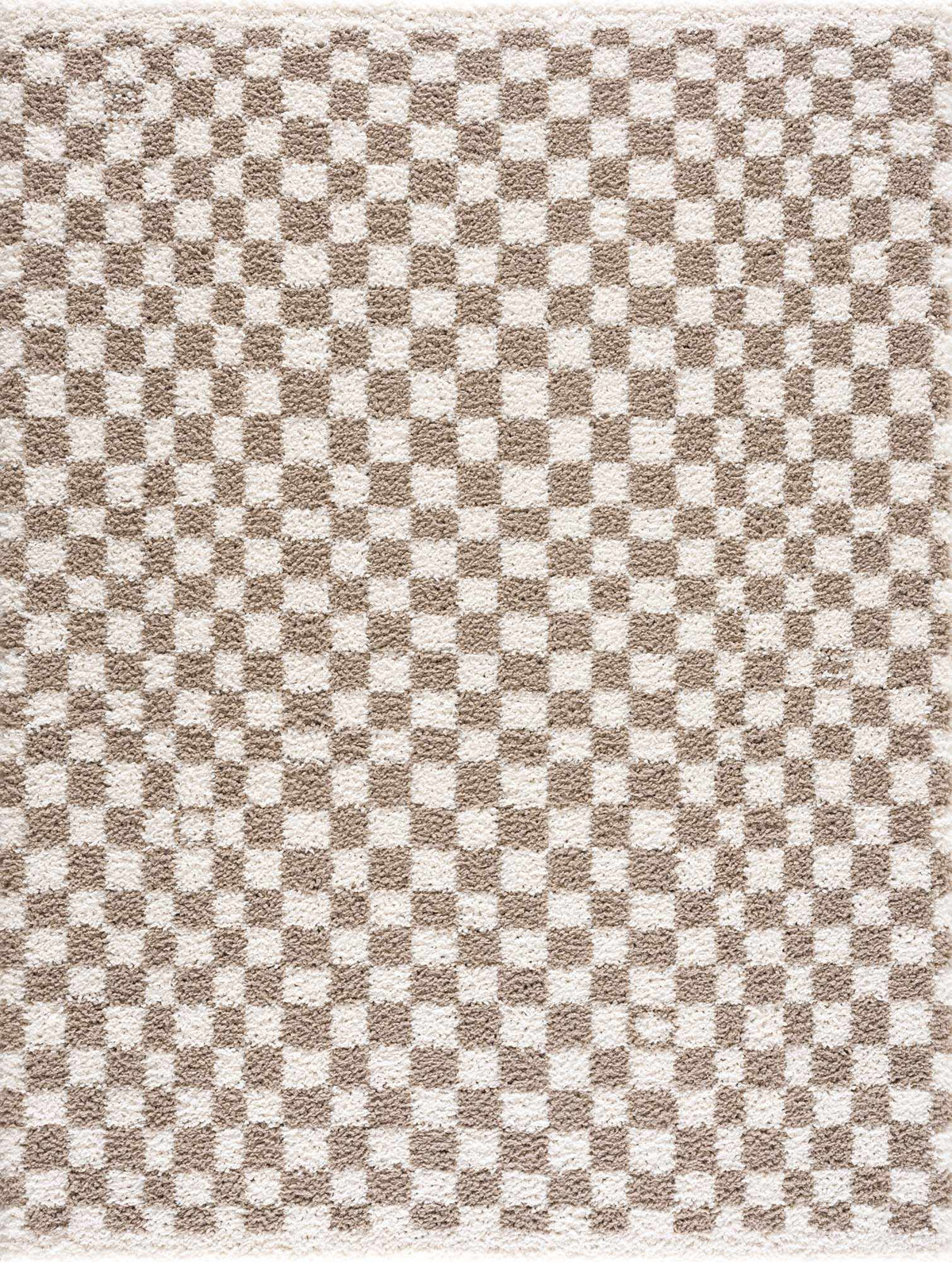 Taupe checkered shag rug from Boutique Rugs, featuring a soft, textured design with a modern checkered pattern, perfect for cozy spaces.