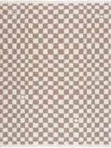 Taupe checkered shag rug from Boutique Rugs, featuring a soft, textured design with a modern checkered pattern, perfect for cozy spaces.