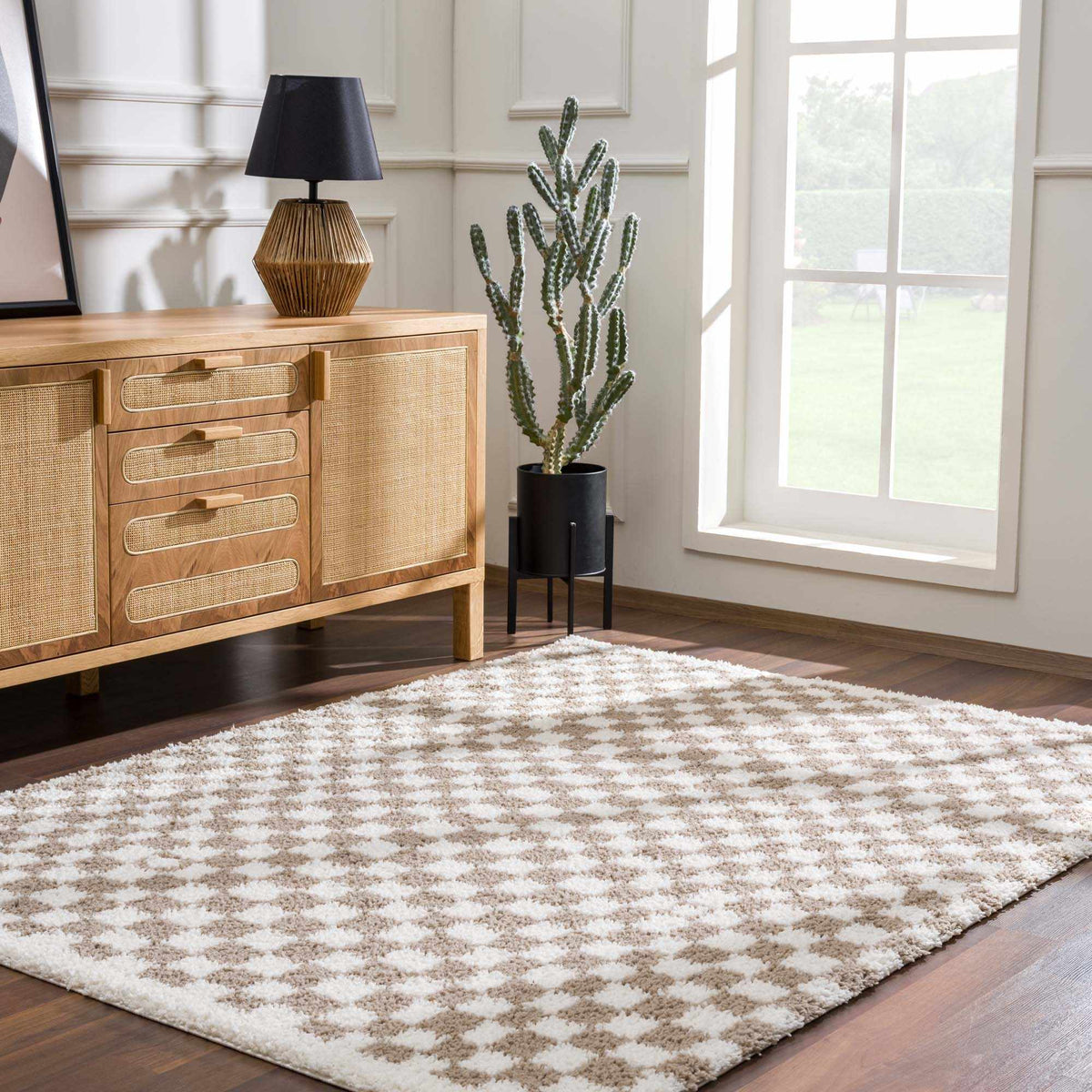 Taupe checkered shag rug by Boutique Rugs, shown in a cozy room setting with plush texture and modern pattern.