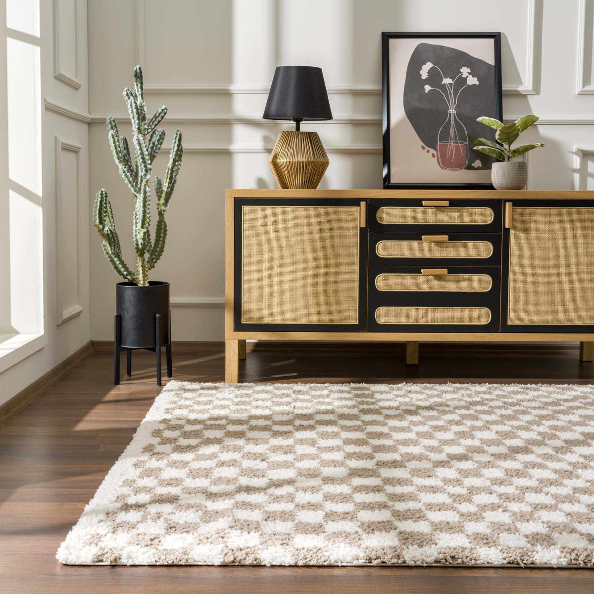 Taupe checkered shag rug by Boutique Rugs in a cozy living room scene, showcasing soft, plush texture and modern pattern.