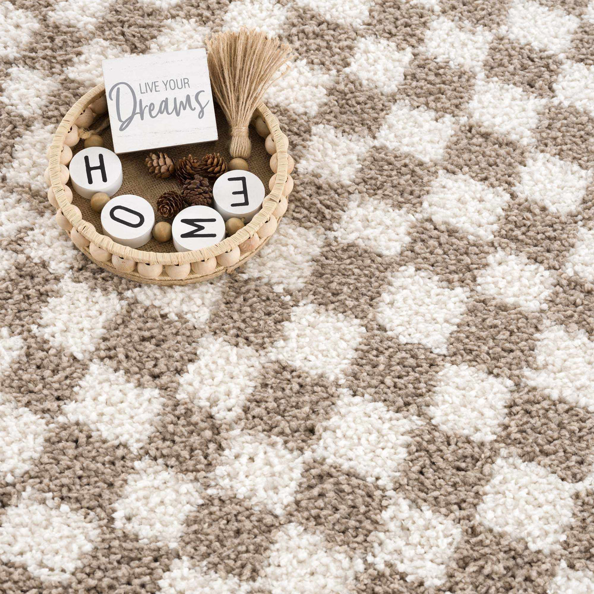 Taupe checkered shag rug from Boutique Rugs featuring a cozy, textured design in a stylish checkered pattern.