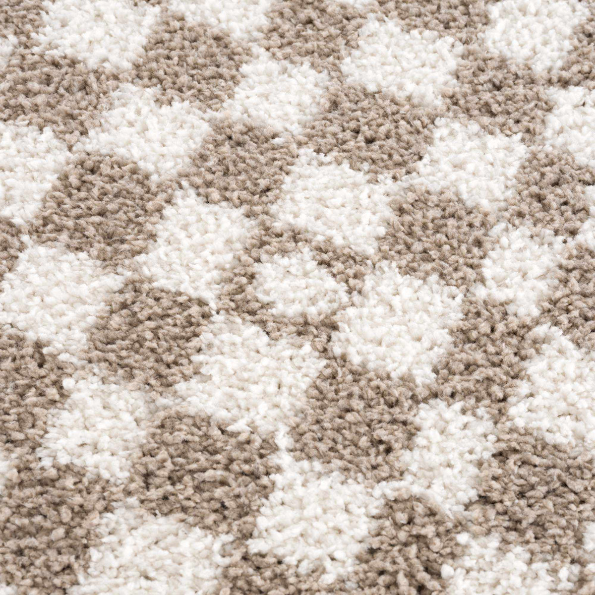 Kieu taupe checkered shag rug by Boutique Rugs showing soft, textured pile in a taupe and cream checkered pattern.