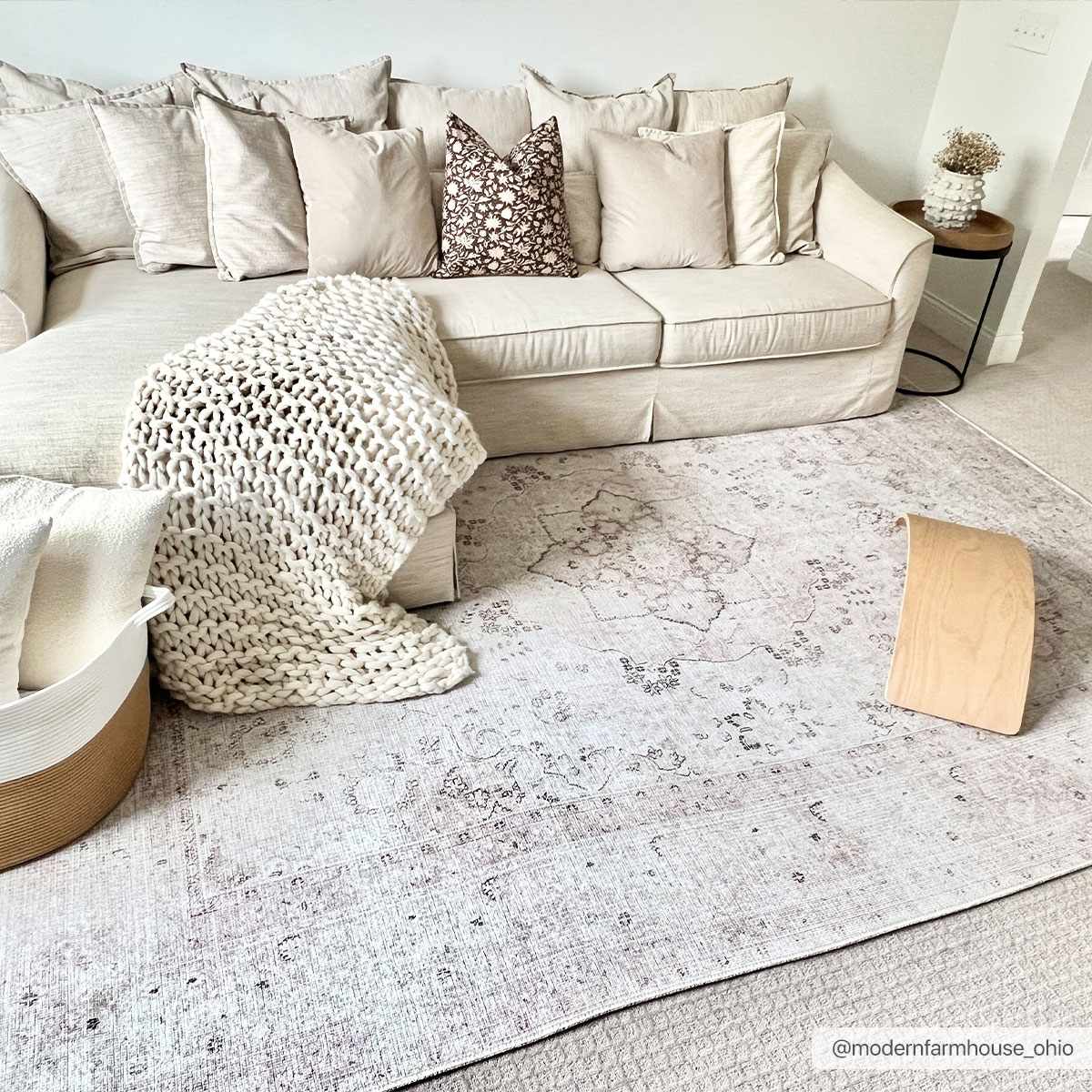 Bethany vintage flat pile washable rug by Boutique Rugs, showcasing a modern farmhouse design in neutral tones.