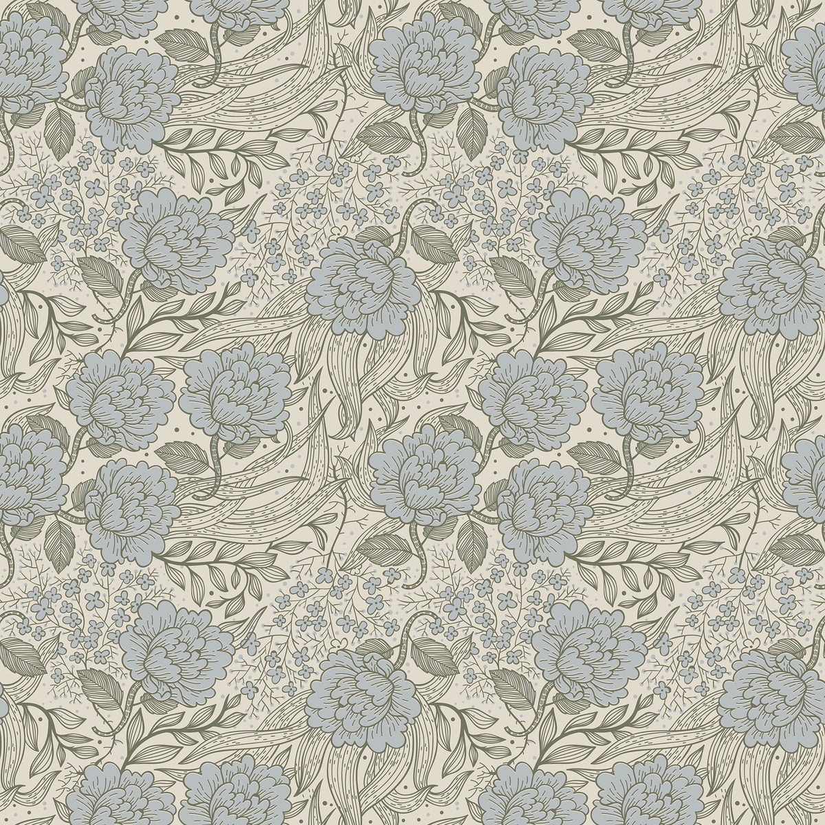 Blue peony floral wallpaper by North and Finch featuring large, detailed peony blooms in soft pigeon blue tones.