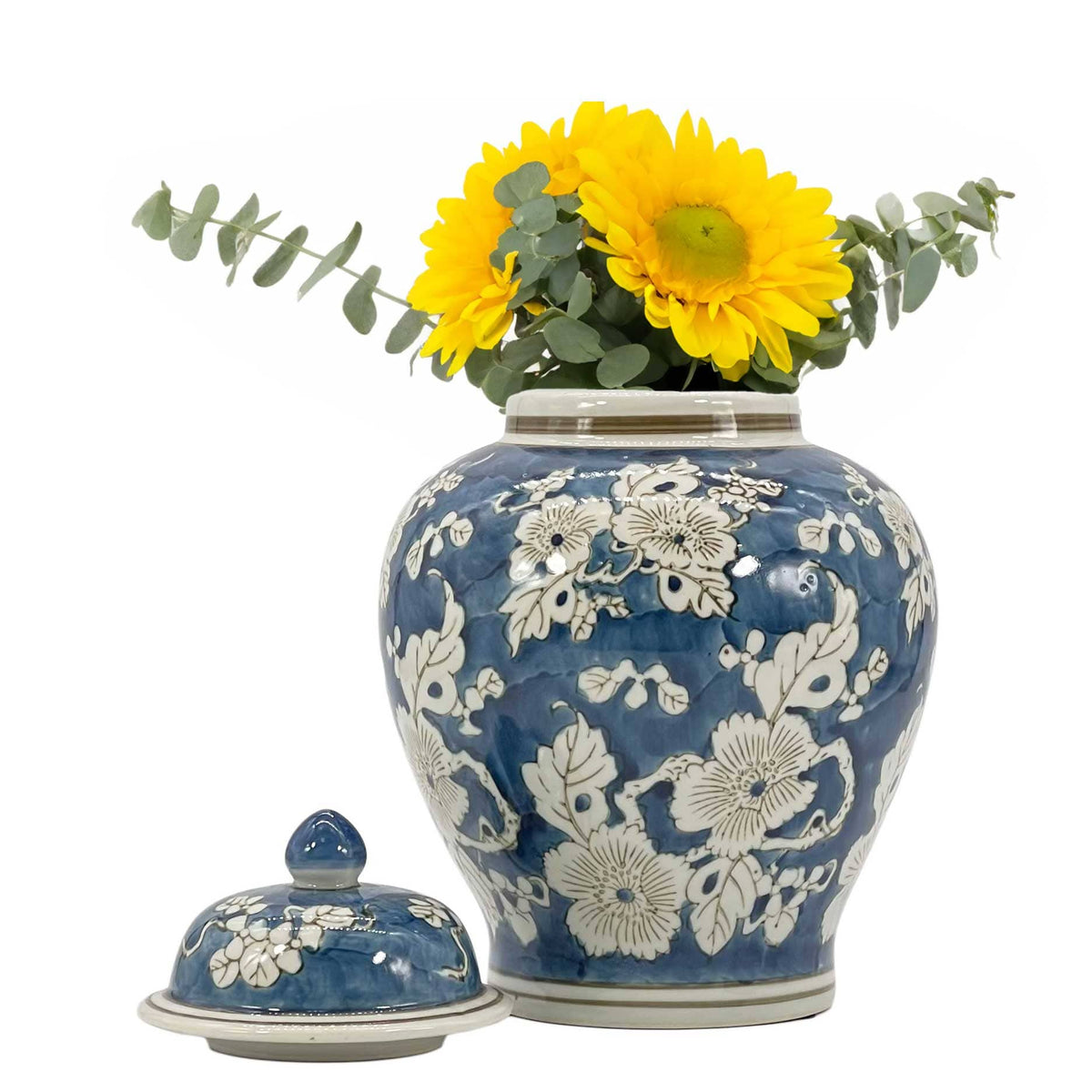 Blue floral chinoiserie ceramic ginger jar, 12-inch decorative vase with intricate floral patterns, crafted by Shop Holly J Home.