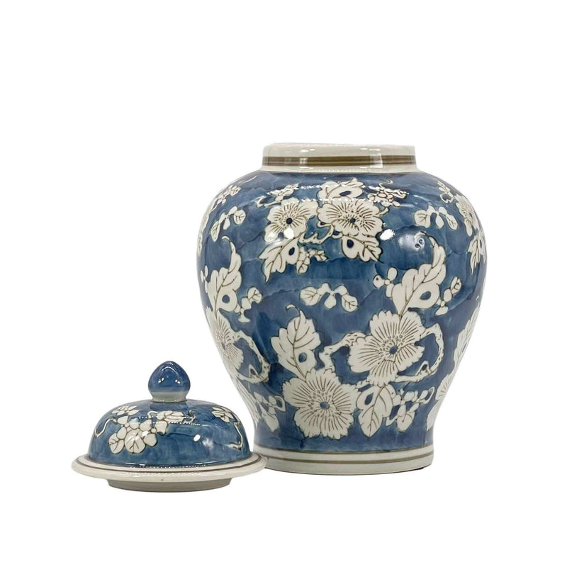 Blue floral Chinoiserie ceramic ginger jar, 12-inch decorative storage jar with intricate blue floral patterns.