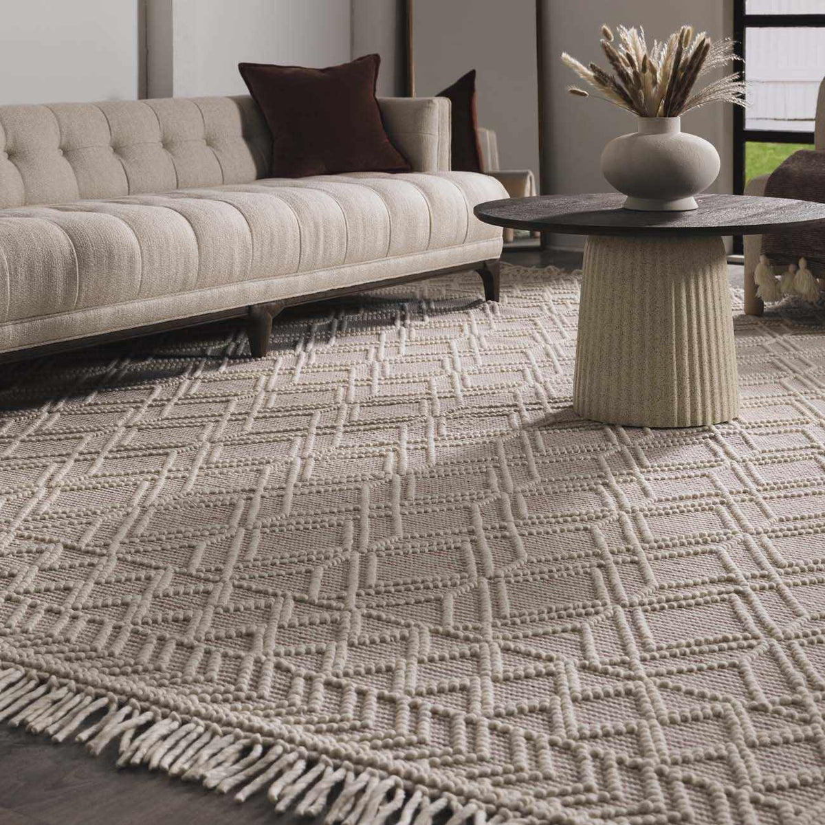 Soft pink Wool Rug by Boutique Rugs in a cozy living room setting, showcasing plush texture and elegant design.
