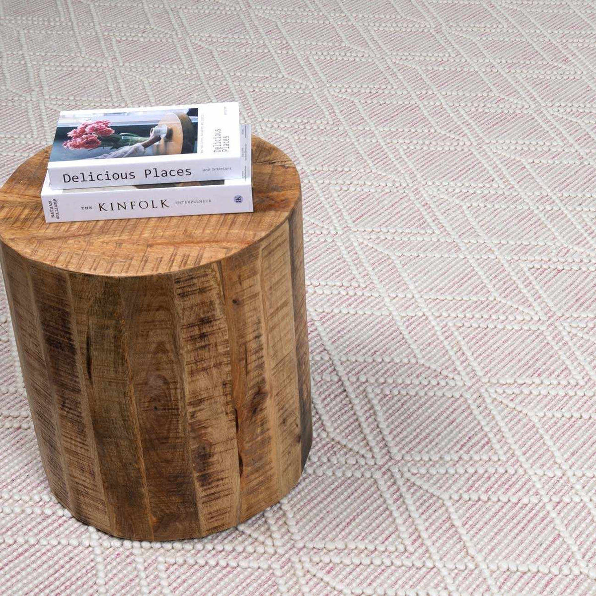Soft pink wool rug from Boutique Rugs, showcasing a plush texture and stylish design in a modern living space.