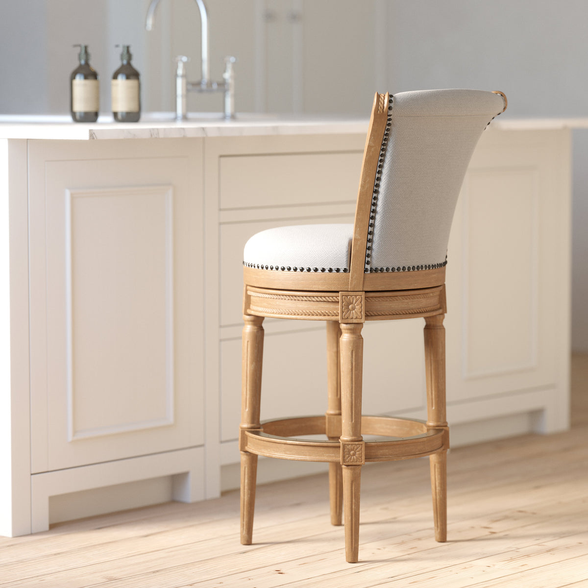 Charlotte Swivel Barstool by Carolina Barstool featuring weathered oak wood frame and gray fabric upholstery with back support.