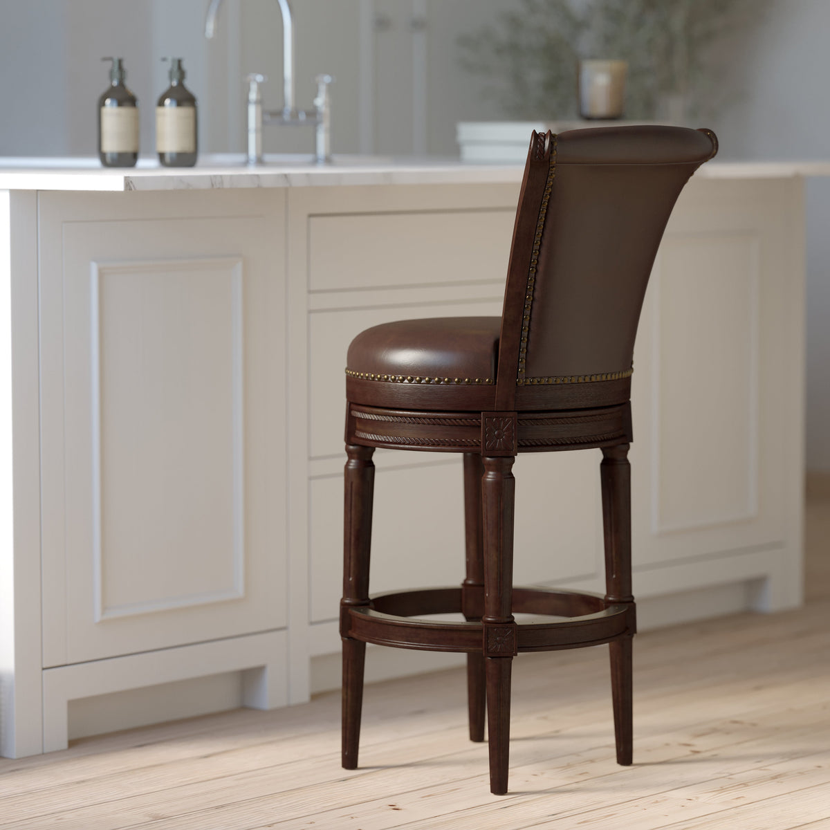 Charlotte swivel barstool in distressed walnut wood with a padded seat and backrest, showcasing sleek, modern furniture design.