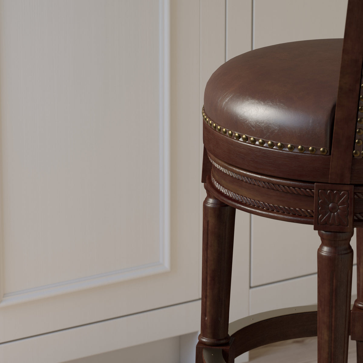 Charlotte swivel barstool by Carolina Barstool in distressed walnut wood with a backrest, designed for bar or counter seating.