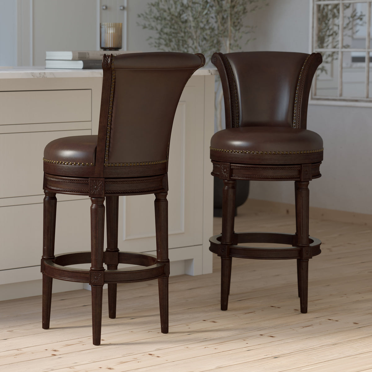 Charlotte swivel barstool by Carolina Barstool with distressed walnut finish, featuring a cushioned seat and backrest.