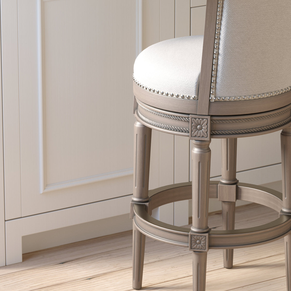 Charlotte swivel barstool in weathered grey with a backrest, featuring a metal frame and wooden seat, by Carolina Barstool.